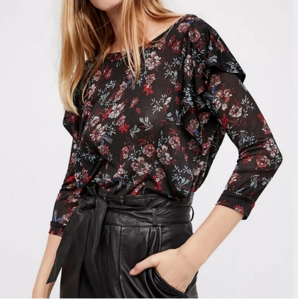 Free People Dock Street Black Floral Print Ruffled Cut Out Blouse Top
